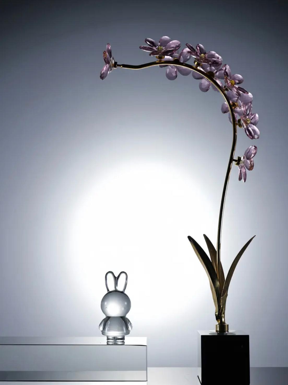 Glass Orchid Sculpture with Rabbit