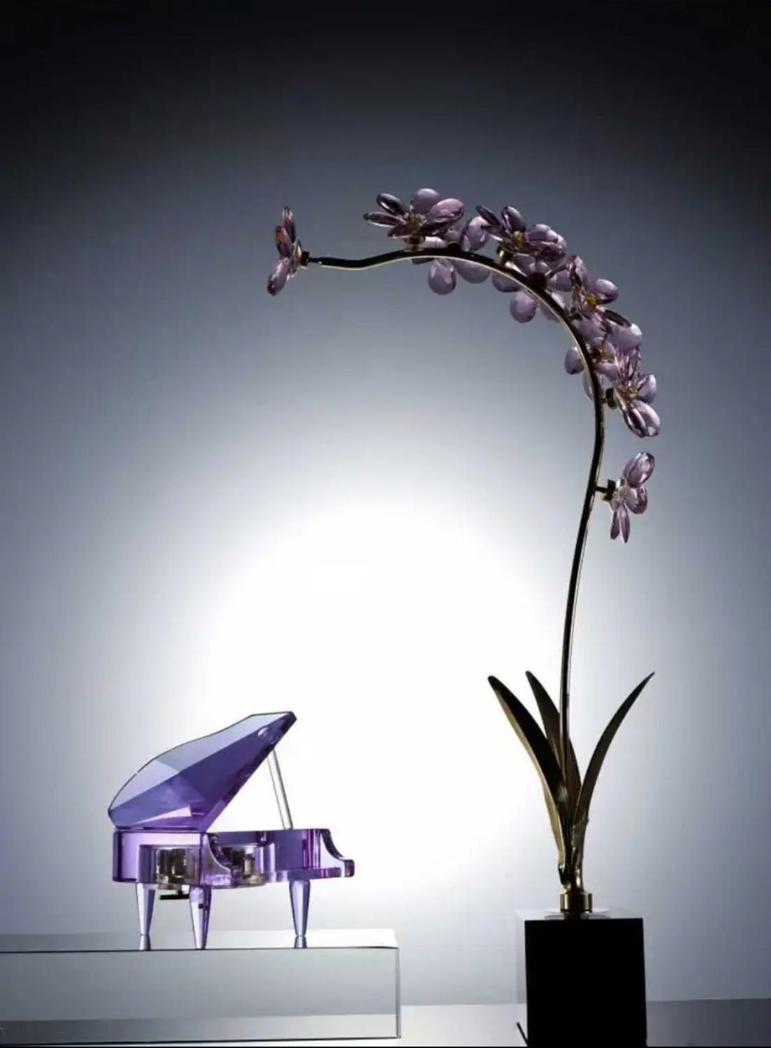 Glass Orchid Sculpture with Piano
