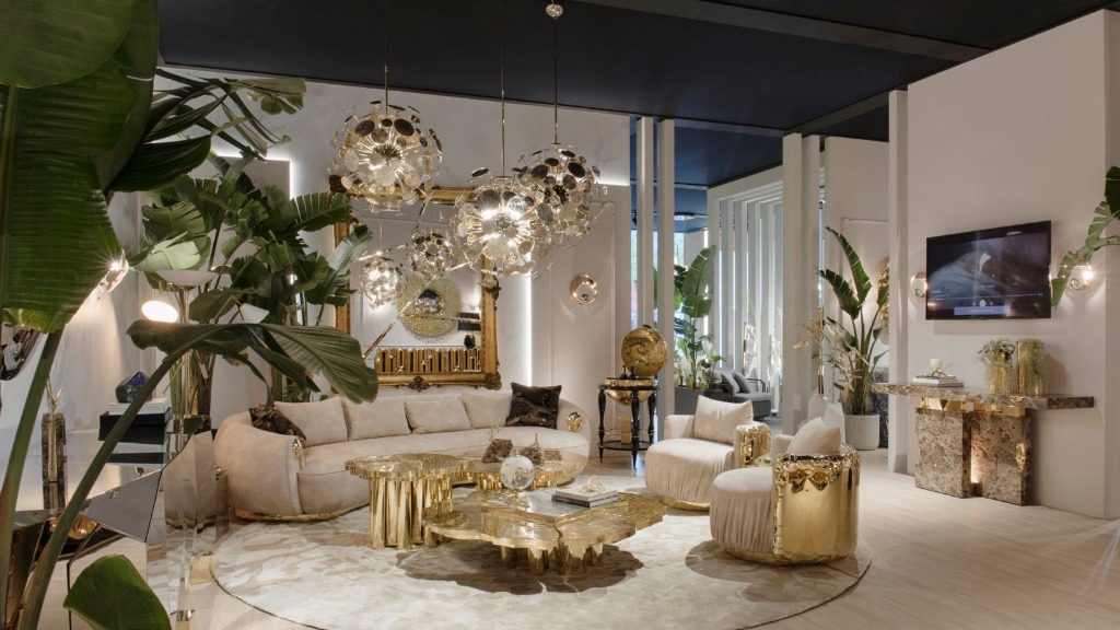 Opulent living room with gold chandeliers and botanical accents