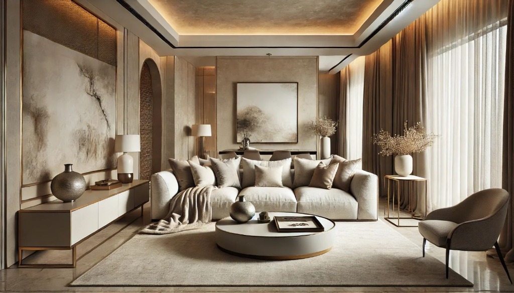 Contemporary minimalist living room with warm tones and soft textures