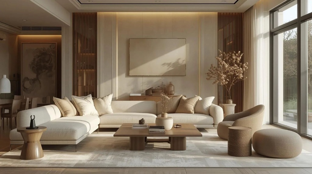 Serene modern living room with natural wood and organic furniture